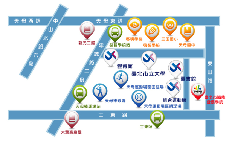 天母校區交通位置圖，如要搭乘交通工具，可至忠誠路二段新光三越前，有啟智學校站和天母棒球場站。另一邊的士東路有有士東站。